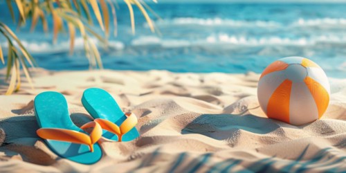 Summer banner with shoes and ball on sand beach with ocean in background. KI generiert, generiert,