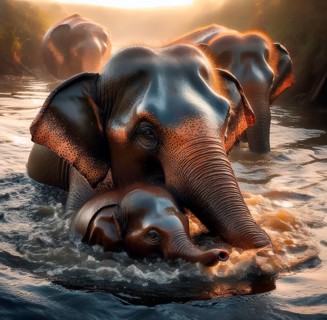 Asian elephant (Elephas maximus), young animal and elephant cow bathing in a river, AI generated,
