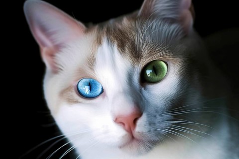 Cat with two colored blue and green eyes. AI generated