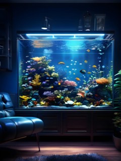 Large vibrant aquarium centerpiece in a cozy living room, AI generated