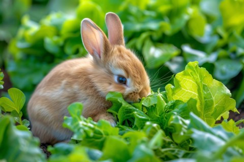 Cute bunny eating salad in garden. KI generiert, generiert, AI generated
