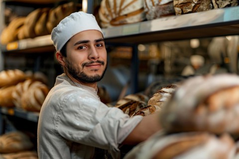 Baker with fresh loaves of bread in industrial kitchen. KI generiert, generiert, AI generated