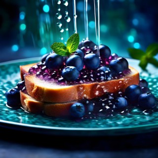 AI generated surreal food art blending a gourmet dish exact spheres of blueberry caviar