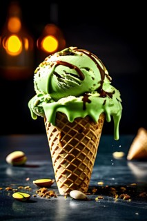 AI generated pistachio flavored gelato atop a crispy waffle cone
