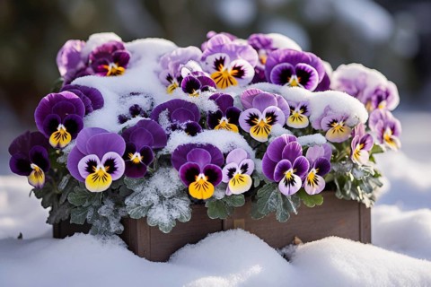 Pansies flowers in flower box covered in snow in spring. KI generiert, generiert AI generated