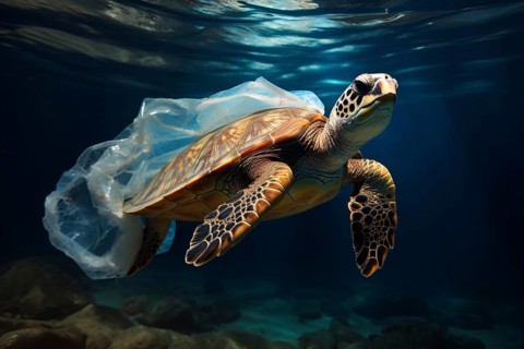 Turtle caught in plastic bag in ocean. KI generiert, generiert AI generated
