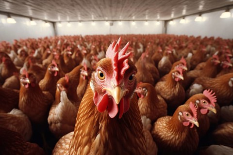 Many brown chickens in stable without space. Concpet for intensive animal farming. KI generiert,