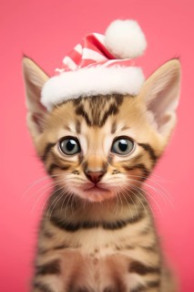 Young bengal cat kitten with striped Santa hat on pink background. KI generiert, generiert AI