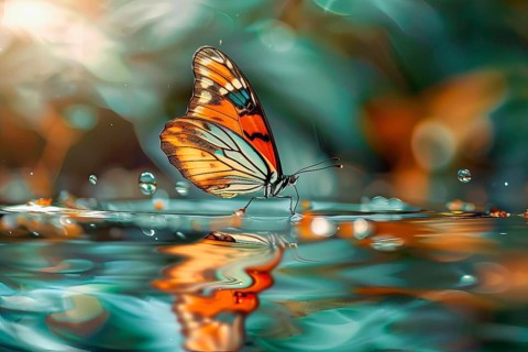 Beautiful stylized colored crystal butterfly on water, AI generated