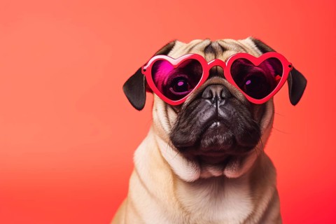 Funny pug dog with heart shaped sunglasses on red background. KI generiert, generiert AI generated