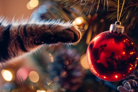 Close up of paw of cat playfully reaching for red Christmas tree bauble. Generative AI, AI