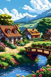 Pixel art illustration of a cozy village in summer with vibrant green roofs and blooming flowers,