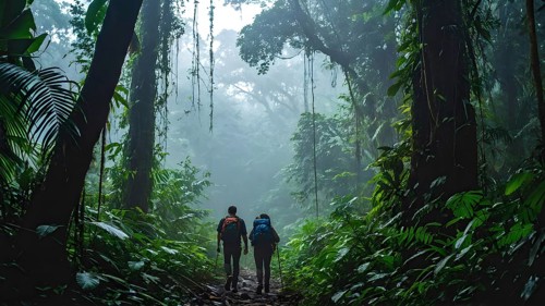 Adventurous couple hiking through dense amazon rainforest, AI generated