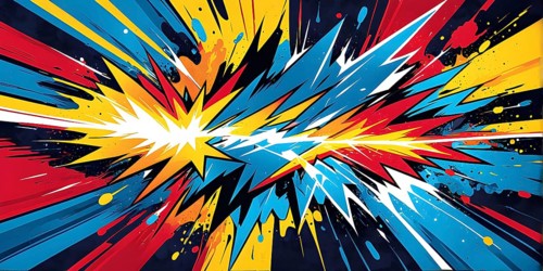 Abstract pop art comic illustration in vibrant colors with thunderbolt crackling across the canvas,
