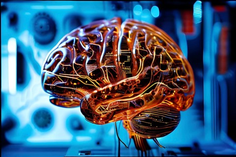 Human brain intricately interlinked with the circuits of a computer board symbolizing artificial