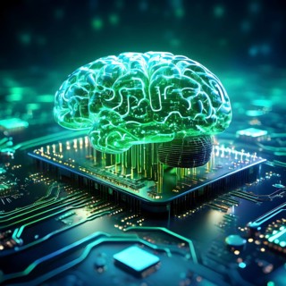 Human brain intricately interlinked with the circuits of a computer board symbolizing artificial