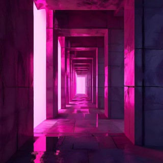 Windows aligned within an elongated tunnel permeated with gradients of magenta hues, AI generated