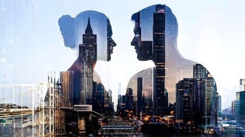 Digital representation of a multiple exposure photograph featuring a cyber human and an urban