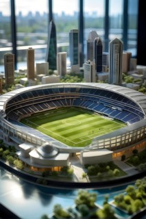 Scale model of soccer stadium on a polished conference table, AI generated
