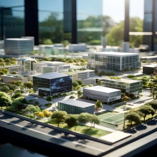 Scale model of a solar park on a polished conference table, AI generated