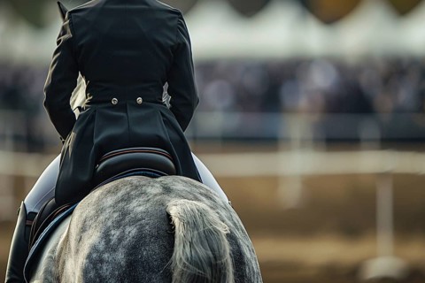 Person riding horse in dressage sports competition. Generative AI, AI generated