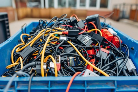 A container filled with electronic waste and cables, data cables, power cables, symbolic image for
