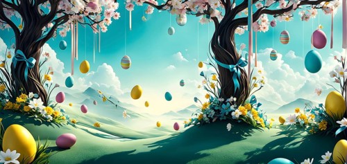 Surreal Easter scene with floating eggs, ribbons, and flowers in a dreamlike, whimsical composition