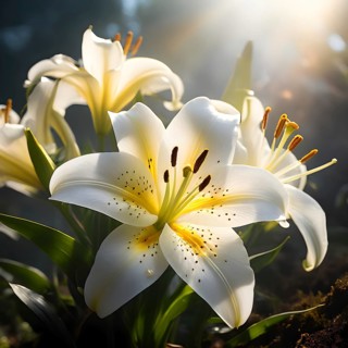 Blooming Easter lilies with soft white petals and a yellow center, bathed in gentle sunlight, AI