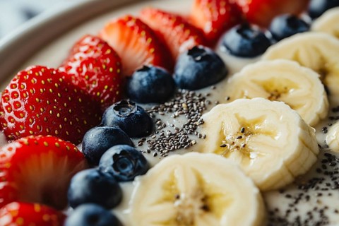 Close up of healthy breakfast bowl with yoghurt, chia seeds and fresh strawberry, blackberry and