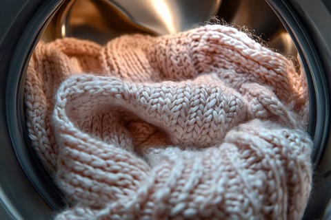 Close up of knitted wool sweater clothes in open washing machine. Generative Ai, AI generated