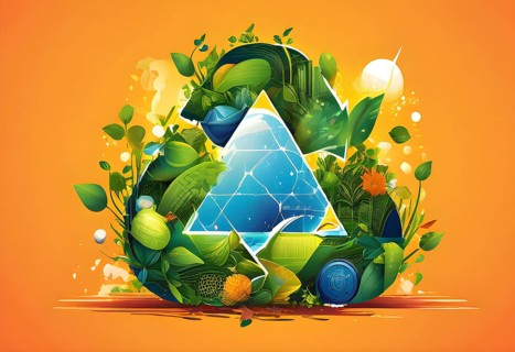Recycling symbol morphing into growing plants and solar cells to symbolize the transformation of
