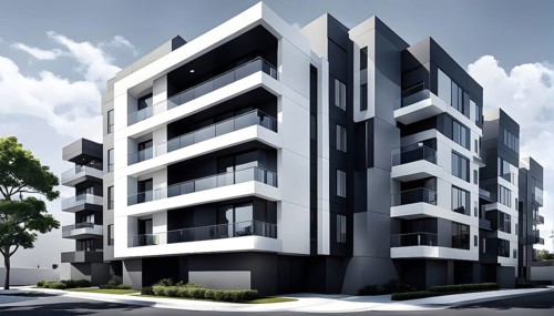 Rendering of a modern real estate apartment building in clean geometric forms in black and white,