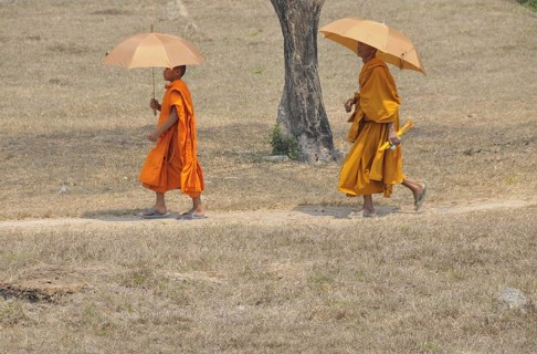 Novice and monk with parasol, Cambodia, Asia