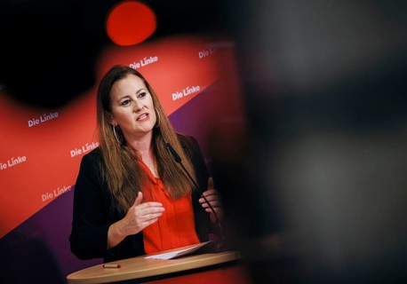 Janine Wissler, Chairwoman of the Left Party, recorded at a press conference in Berlin, 19 August
