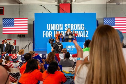 Detroit, Michigan, USA, 2 September 2024, Presidential candidate Kamala Harris campaigns at a Labor