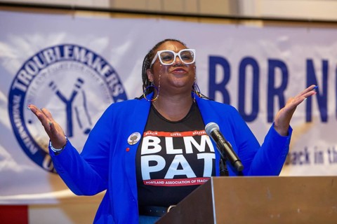 Chicago, Illinois, Angela Bonilla of the Portland Association of Teachers speaks at the 2024 Labor