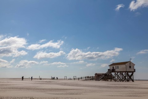 Pile dwelling on the beach, Sankt Peter-Ording, Eiderstedt, North Frisia, Schleswig-Holstein,