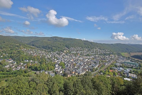 View from Nassau Castle to cityscape with Lahn valley and Westerwald, view downwards, aerial view,