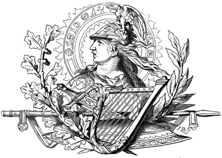 Symbols of the wars of liberation 1813-14, inscription, laurel leaf, eagle, sword, harp, goddess of
