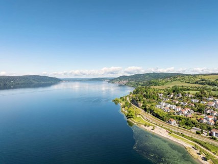 Aerial view of Lake Constance with the Landesgartenschaugelände and Uferpark, Goldbach, Überlingen,