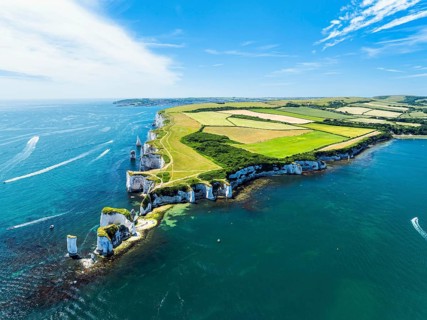 White Cliffs of Old Harry Rocks Jurassic Coast from a drone, Dorset Coast, Poole, England, United