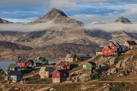 Inuit settlement at a fjord with icebergs, mountainous, autumn, sunny, Tasiilaq, East Greenland,