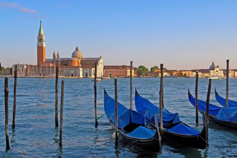 Venice, Grand Canal gondolas Italy San Giorgio Maggiore church tower lagoon