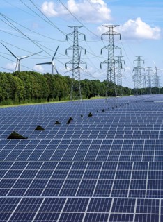 High-voltage power line route, the space underneath is used for a solar park over 5 km long, behind