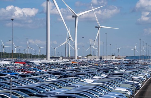 Storage area for new cars in the port of Vlissingen-Oost, vehicles are temporarily stored on over