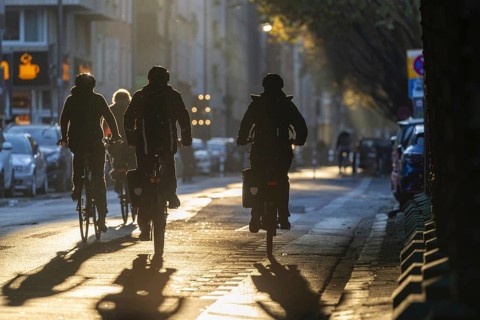 Cyclists in oblique sunlight in November, poor visibility, danger of glare, cycle lane, cyclists