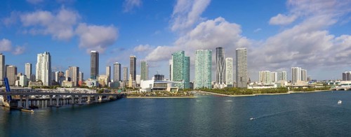 USA, Miami harbor panoramic skyline from cruise ship departing to Caribbean vacation, North America