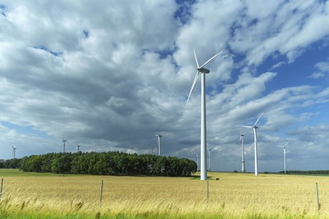Wind turbines on the A 9 motorway, cloudy sky, Thuringia, Germany, Europe