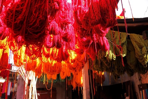 In the dyers' souk in Marrakech, Morocco, Africa