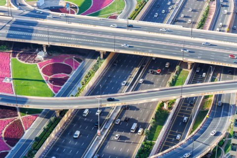 Intersection of Sheikh Zayed Road Traffic on the road near the Burj Khalifa in Dubai, United Arab